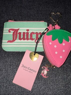 Juicy Couture Mint Stripe Wallet/Cardholder with Pink Strawberry Key Pouch